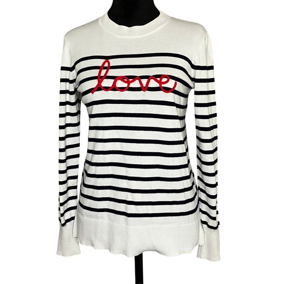 Marled Sweaters - Marled Crewneck Long Sleeve‎ Striped Love Sweater Black White Red Twee Preppy XS